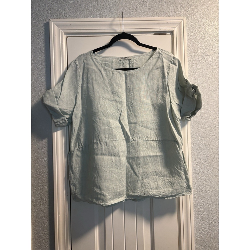 Meo Meli Linen Blend Blouse Light Blue Roll Tab Sleeve Top Made In Italy Large